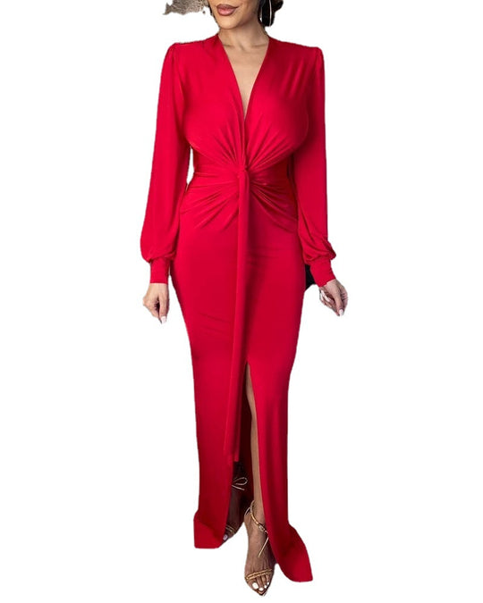 Damen Elegantes Abendkleid mit tiefem V-Ausschnitt und Schlitz EB