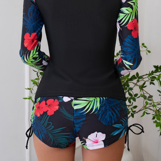 Damen Sportlicher Langarm-Rashguard mit modischem Blumenmuster EB