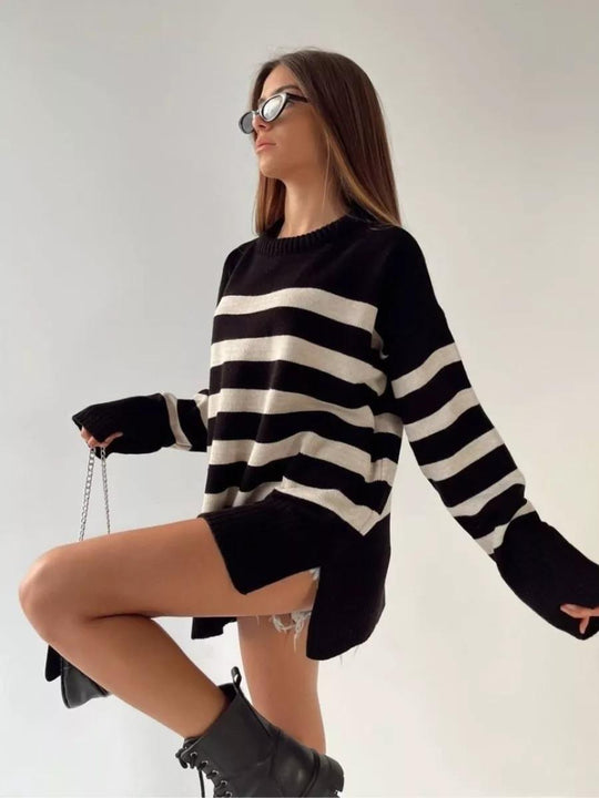 Damen Oversized Strickpullover mit modischem Streifenmuster und detailreicher Rippstruktur EB