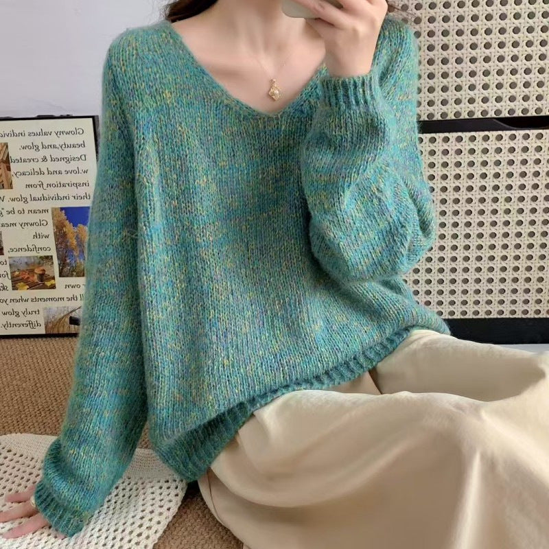 Damen leichter Strickpullover mit V-Ausschnitt und voluminösen Ärmeln EB