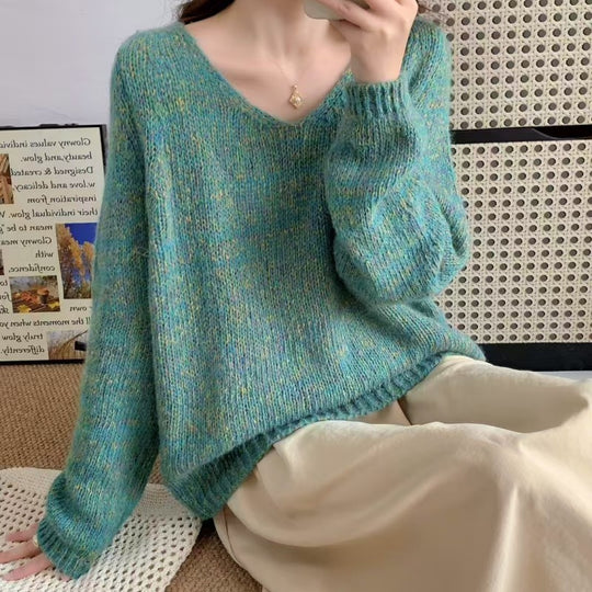 Damen leichter Strickpullover mit V-Ausschnitt und voluminösen Ärmeln EB
