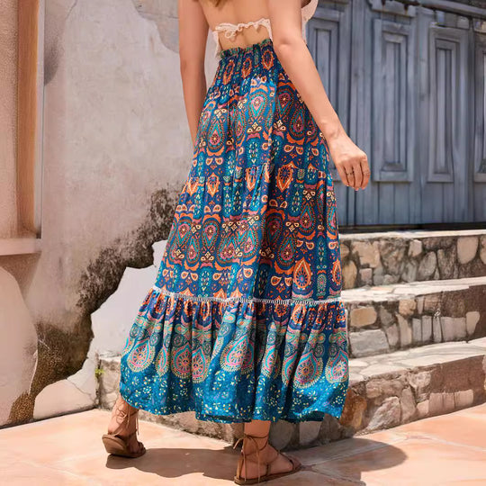 Damen Maxirock mit verspieltem Paisleymuster und Rüschendetails EB