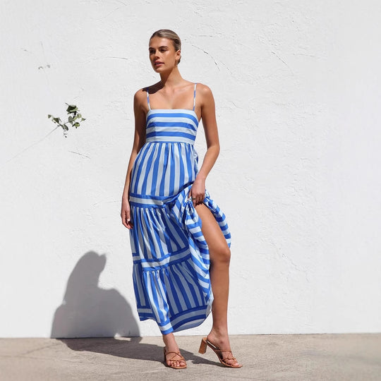 Damen Maxikleid mit Streifenmuster und fließendem Rock EB