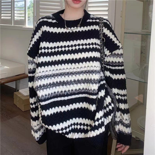 Damen gemusterter Strickpullover mit strukturiertem Gewebe und lässigem Schnitt EB