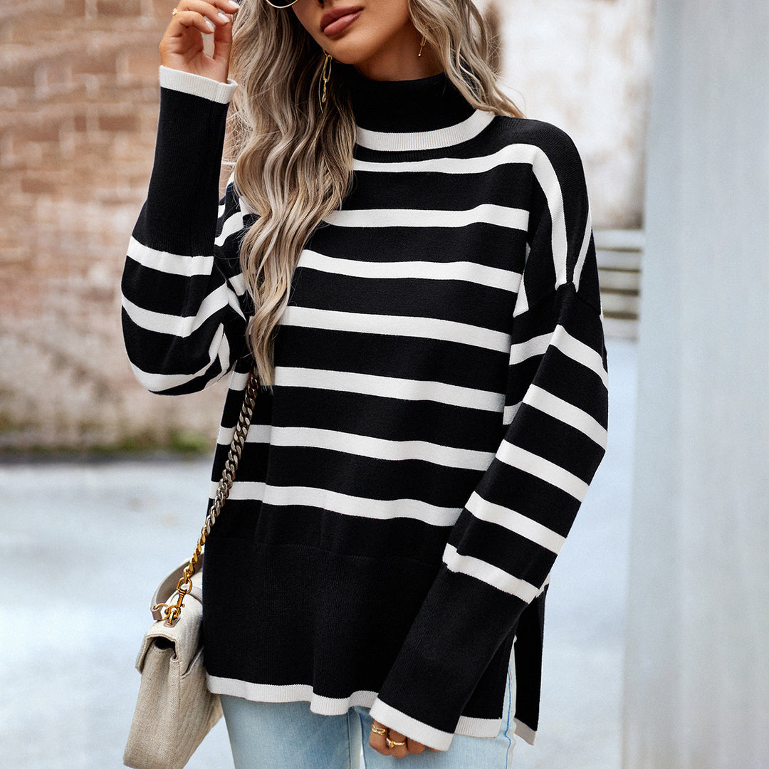 Damen nan Oversize Rollkragenpullover mit Querstreifen, weitem Schnitt und seitlichen Schlitzen EB