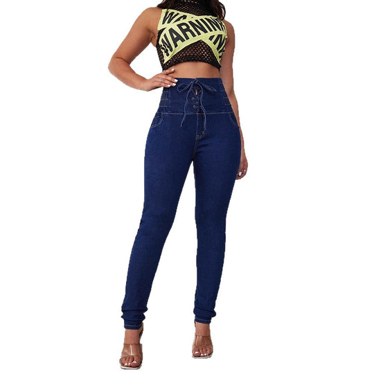 Damen Hochtaillierte Jeans mit Schnürdetails EB