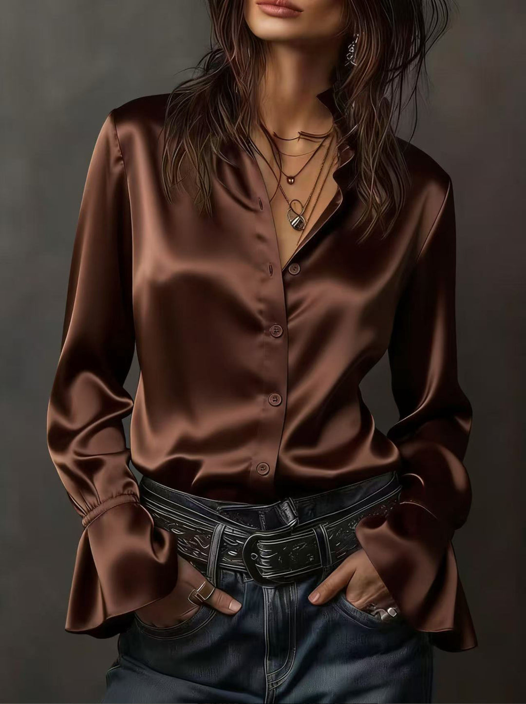 Damen Seidenglänzende Satinbluse mit Stehkragen, Knopfleiste und Volantärmel EB