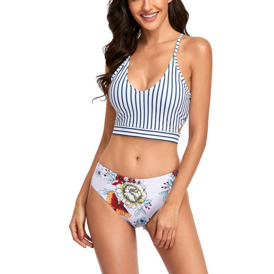Damen Strand-Bikini mit modischem Crop-Top und floralem Höschen EB