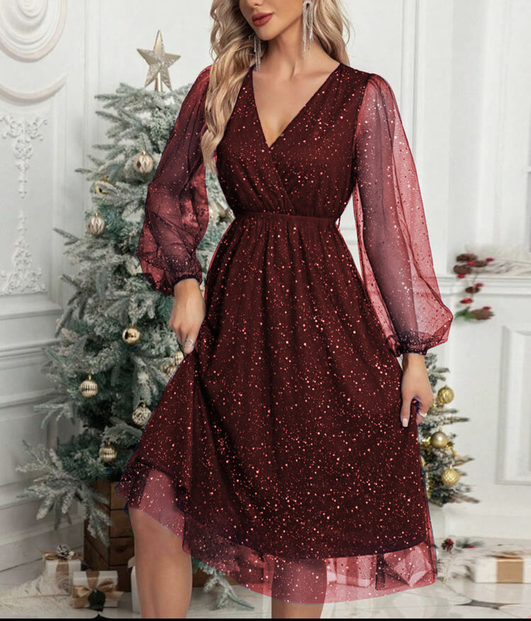 Damen Glamouröses Midikleid mit transparenten Puffärmeln und schimmerndem Paillettenmuster EB