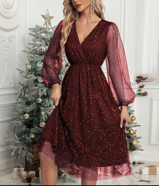 Damen Glamouröses Midikleid mit transparenten Puffärmeln und schimmerndem Paillettenmuster EB