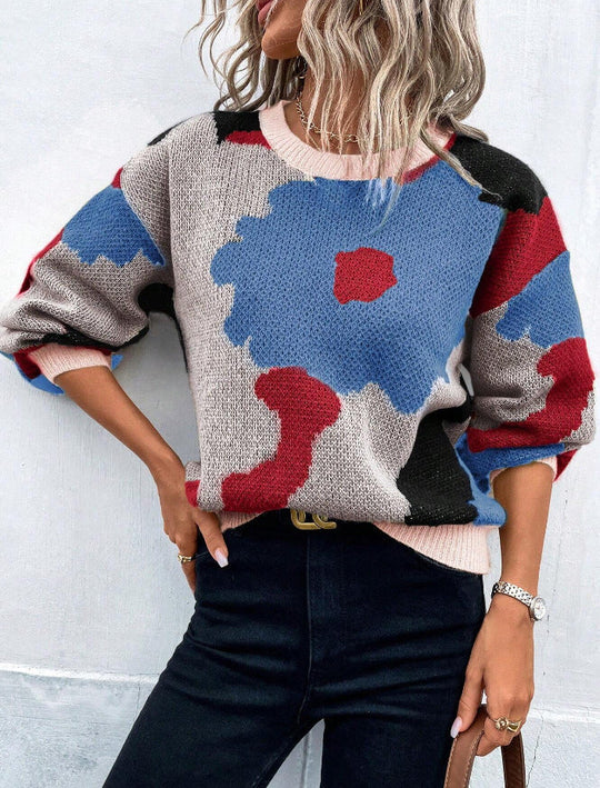 EB | Pullover Pullover Strickstoff Lockere Passform Rundhals Ballonärmel Gemustert