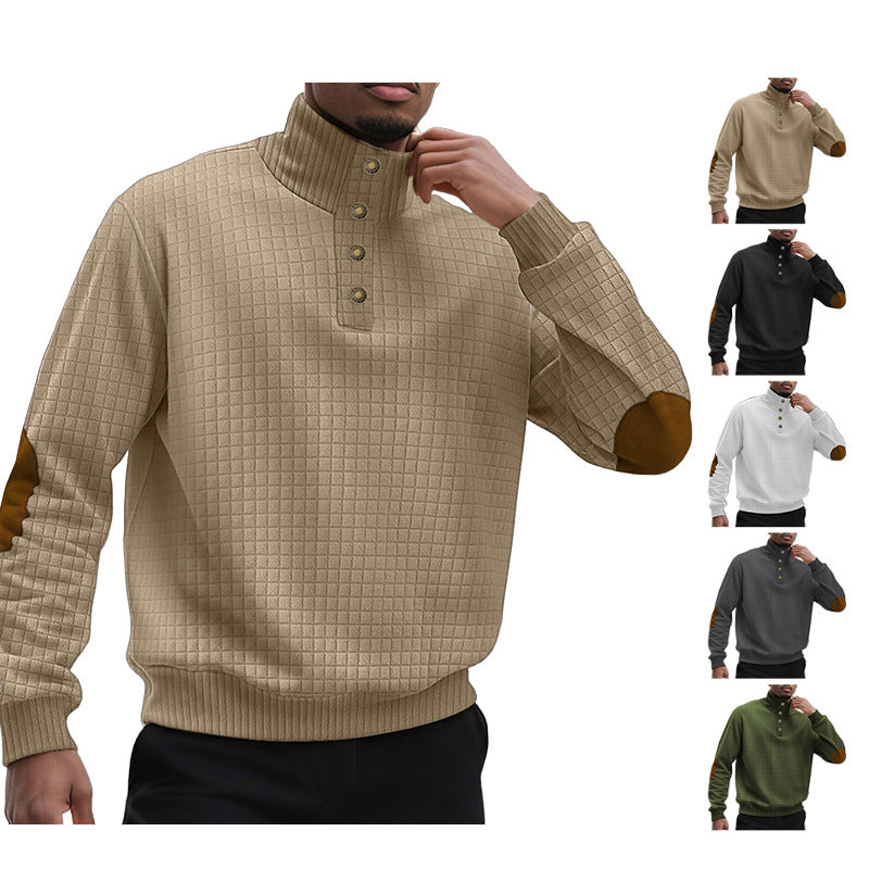 Herren nan kariertes Stepp-Sweatshirt mit Henley-Blende hohem Stehkragen und Velours-Ellenbogenpatch EB