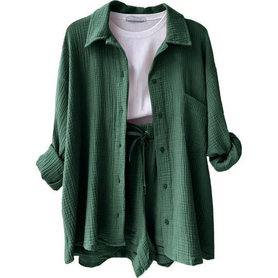 Damen nan lässiges oversized Hemd und Shorts Set mit Brusttasche Kordelbund und gerauter Baumwollstruktur EB