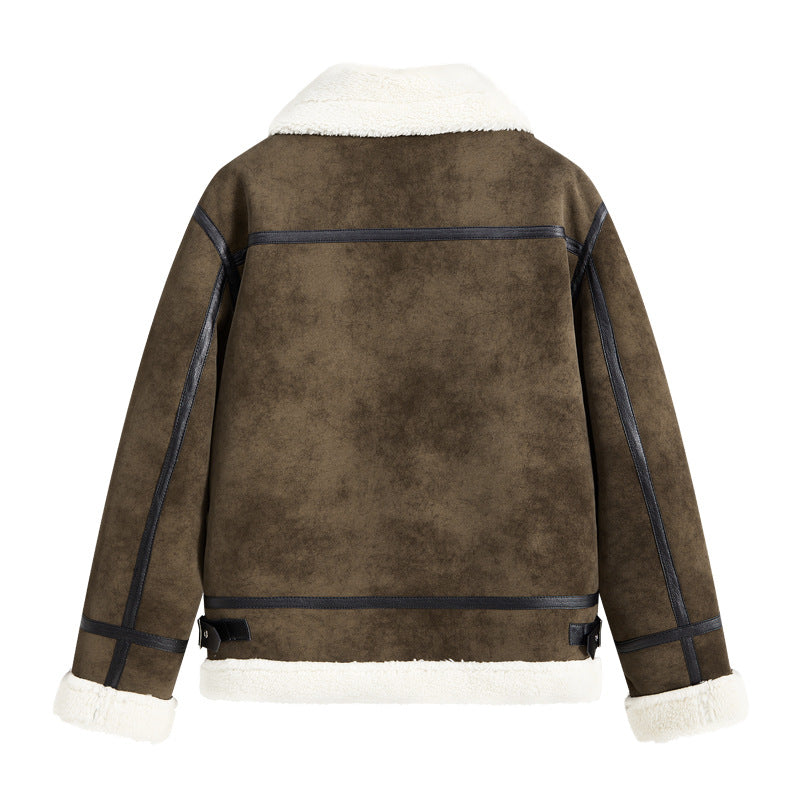 Herren Lammfellimitat Fliegerjacke mit hohem Kragen und Doppel-Schnallenverschluss EB