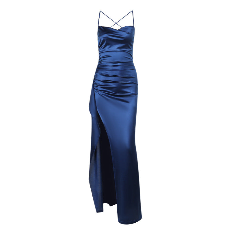 Damen elegantes Satin-Kleid mit tiefem Schlitz und verstellbaren Spaghetti-Trägern EB