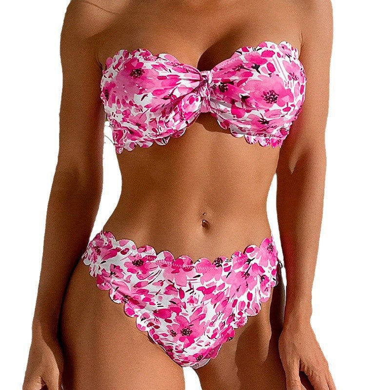 Damen Bandeau-Bikini mit floralen Rüschen EB