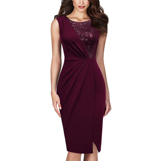 Damen Elegantes und figurbetontes Cocktailkleid mit Paillettenoberteil EB