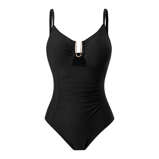 Damen Einteiliger Badeanzug mit Raffung und elegantem Reißverschluss EB