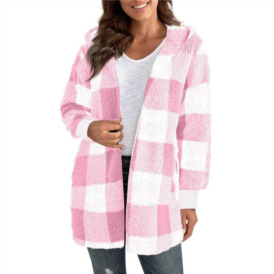 Damen nan karierter Teddy-Mantel mit großem Reverskragen und Rippbündchen EB