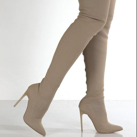 Damen Overknee Stiefel mit Elegantem Absatz und Hochwertiger Strickstruktur EB