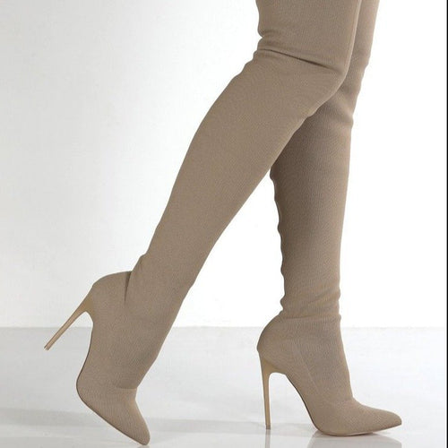 Damen Overknee Stiefel mit Elegantem Absatz und Hochwertiger Strickstruktur EB