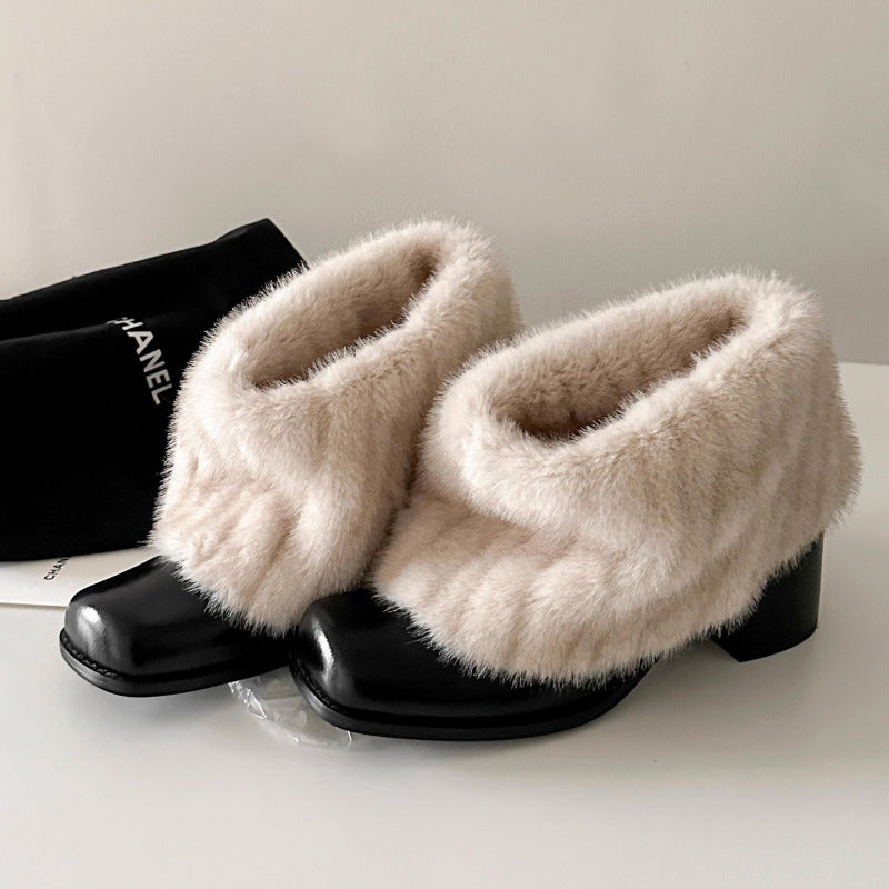 Damen Elegante Stiefeletten mit luxuriösem Kunstfellkragen und bequemem Blockabsatz EB