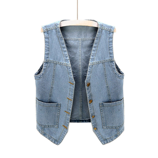 Damen lässige Denim-Weste mit Knopfdetails und aufgesetzten Taschen EB