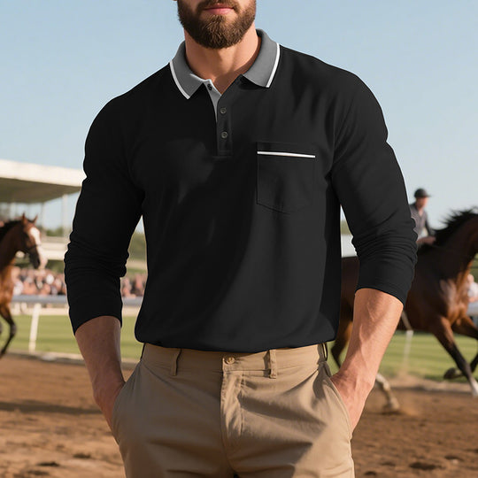 Herren Langarm-Poloshirt mit strukturiertem Design und modischer Brusttasche EB