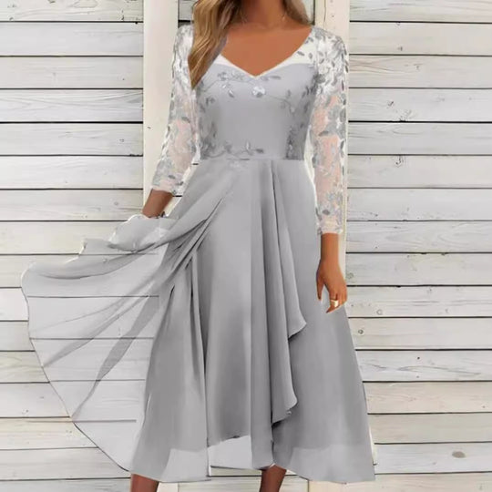 Damen Abendkleid mit floralen Spitzenärmeln und asymmetrischem Schnitt Heidi-Mode