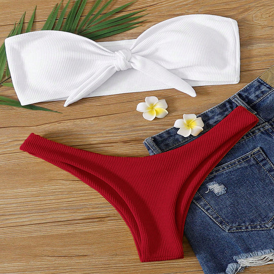 Damen Bandeau-Bikini mit modischem Knoten und hohem Beinausschnitt EB