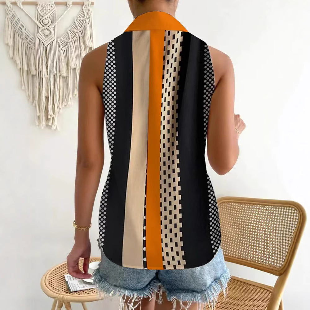 Damen nan ärmelloses Blusen-Top mit Hemdkragen, durchgehender Knopfleiste und asymmetrischem Paneelprint EB