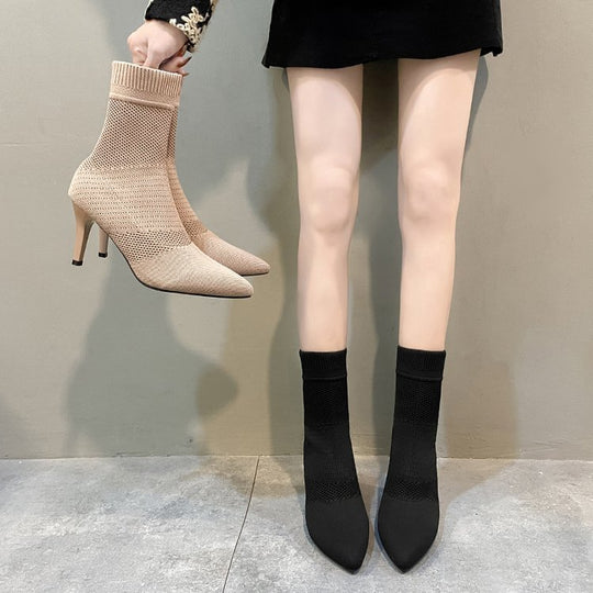 Damen Stiefeletten mit elastischem Strickoberteil und elegantem Absatz EB