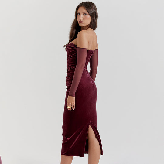 Damen figurbetontes Midi-Kleid mit transparenten Ärmeln und Rüschendetails EB