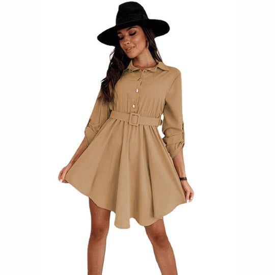 Damen Knielanges Hemdblusenkleid mit Taillengürtel und eleganten Details EB