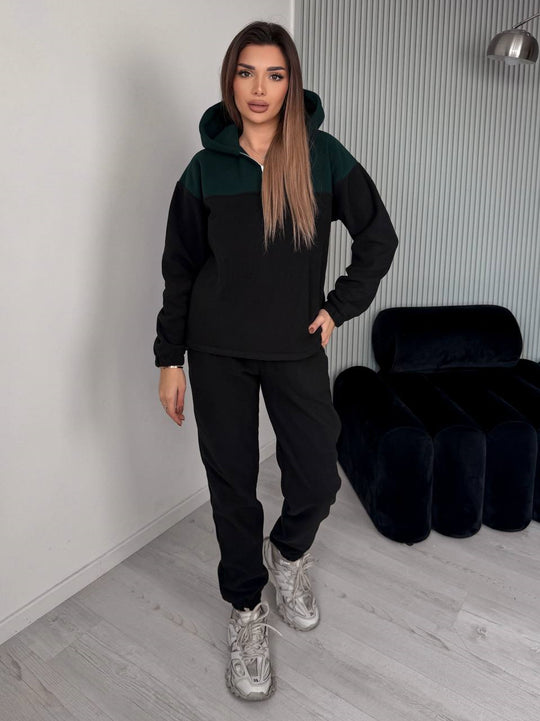 Damen Zweiteiliges Farbblock-Loungewear-Set mit halbem Reißverschluss und schmaler Jogginghose EB