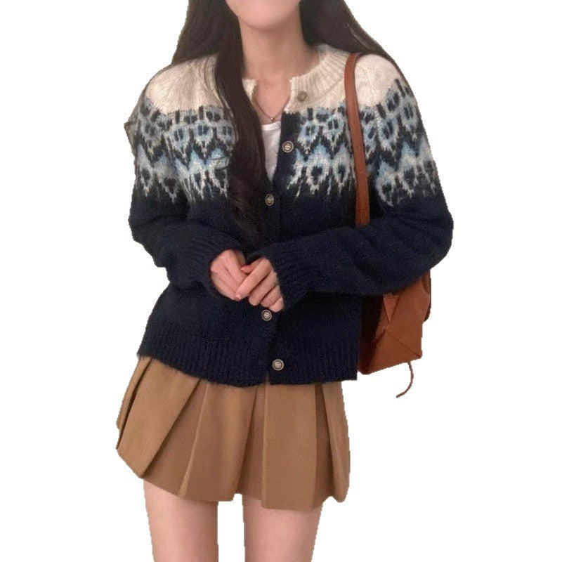 Damen Strickcardigan mit traditionellem Muster und Knopfdetails EB