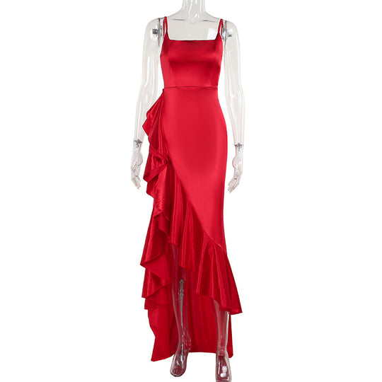 Damen elegantes Maxikleid mit asymmetrischem Rüschensaum und taillierter Silhouette EB