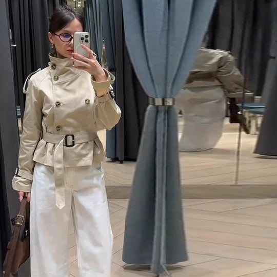 Damen Eleganter Kurz-Trenchcoat mit doppelter Knopfleiste und Taillengürtel EB