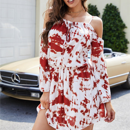 Damen Freizeitkleid mit schulterfreiem Design und Boho-Grafik EB
