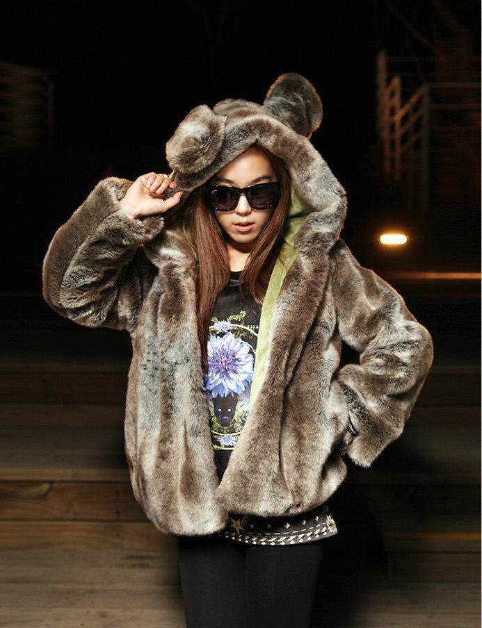 Damen Kuschelige Kunstpelzjacke mit verspieltem Ohren-Design EB