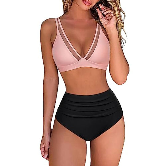 Damen Sportliches Bikini-Set mit verschränkten Trägern und hohem Schnitt EB
