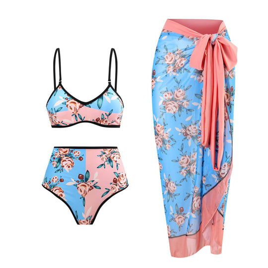 Damen Hochgeschnittener Bikini mit floralem Muster und kontrastierendem Detail EB