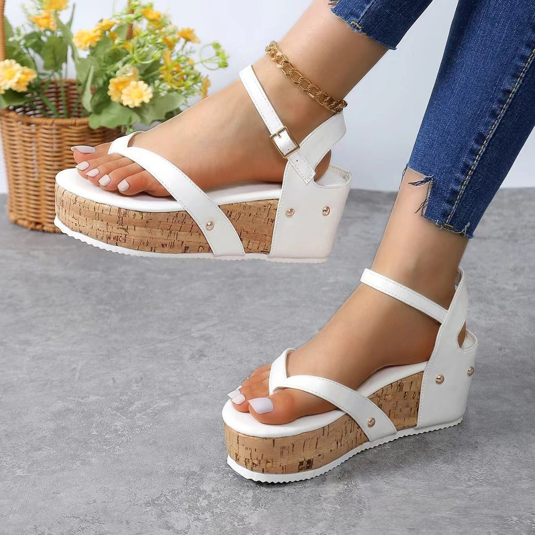 Damen Keil-Sandalen mit elastischem Riemendesign und korkähnlicher Sohle EB