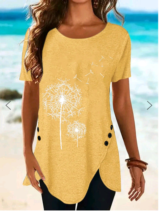 Damen Kurzarmshirt mit asymmetrischem Saum und Dandelion-Print EB