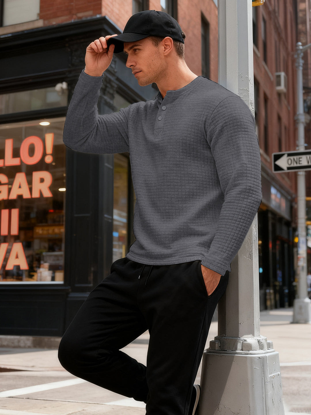 Herren nan strukturiertes Henley-Langarmshirt aus Waffelstrick mit Stehkragen und schmaler Silhouette EB