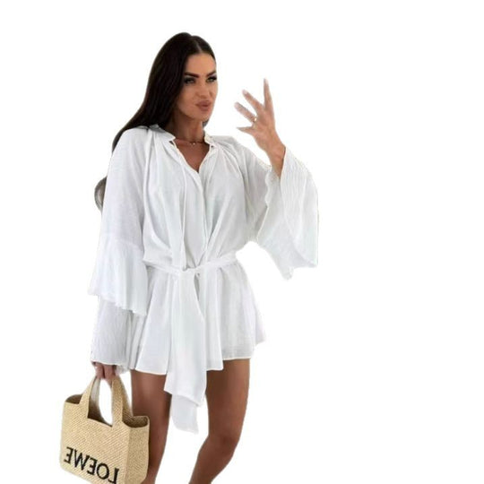 Damen luftige Strandbluse mit voluminösen Ärmeln und Taillengürtel EB