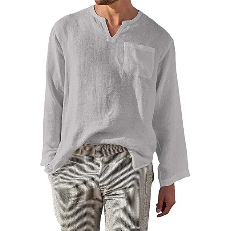 Herren Leinen Langarmshirt mit Henley-Ausschnitt und Brusttasche EB