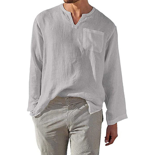 Herren Leinen Langarmshirt mit Henley-Ausschnitt und Brusttasche EB