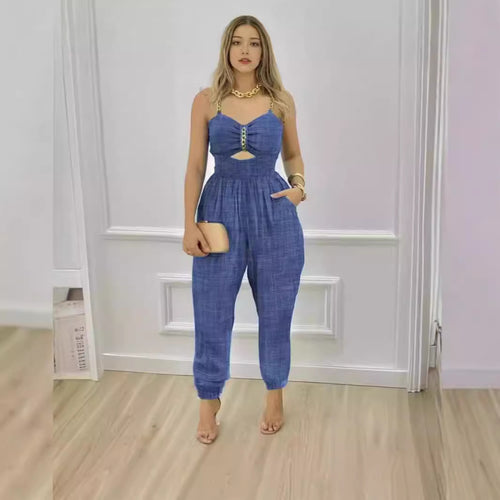 Damen Modischer Jumpsuit mit Cut-Out und dünnen Trägern EB