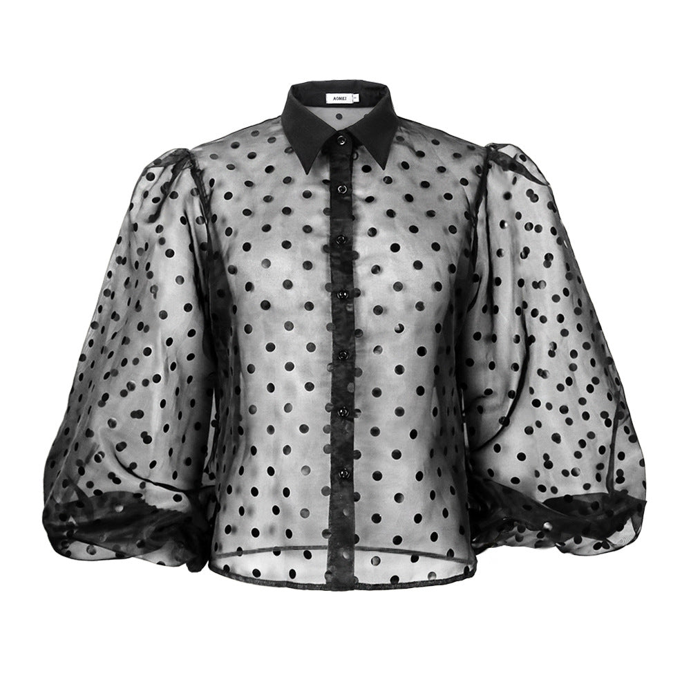 Damen Bluse mit transparenten Puffärmeln und Modellkragen EB